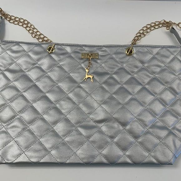 Silver Puffy Quilted Tote Bag w/ Chain Strap - Picture 2 of 6